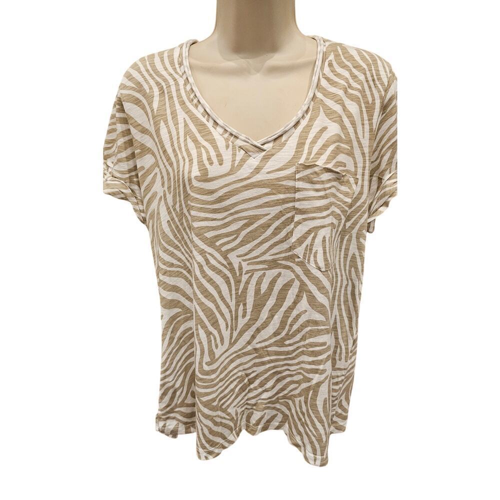 Anthropologie NWT Pocket V Neck T-Shirt Neutral Zebra Print Cotton M minimalist